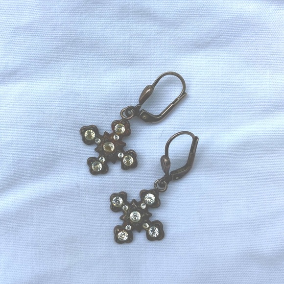 Vintage Rhinestone Cross Earrings with Antique Metal Finish - Picture 2 of 4